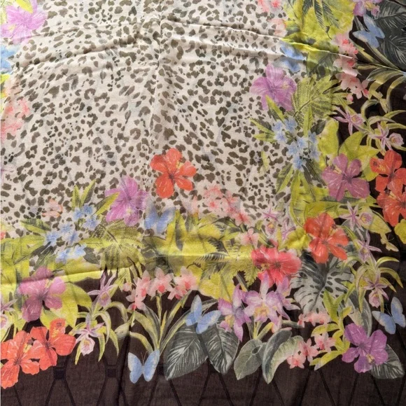 Tommy Bahama Black Floral and Leopard Print Scarf / Wrap / Pareo - Picture 5 of 7